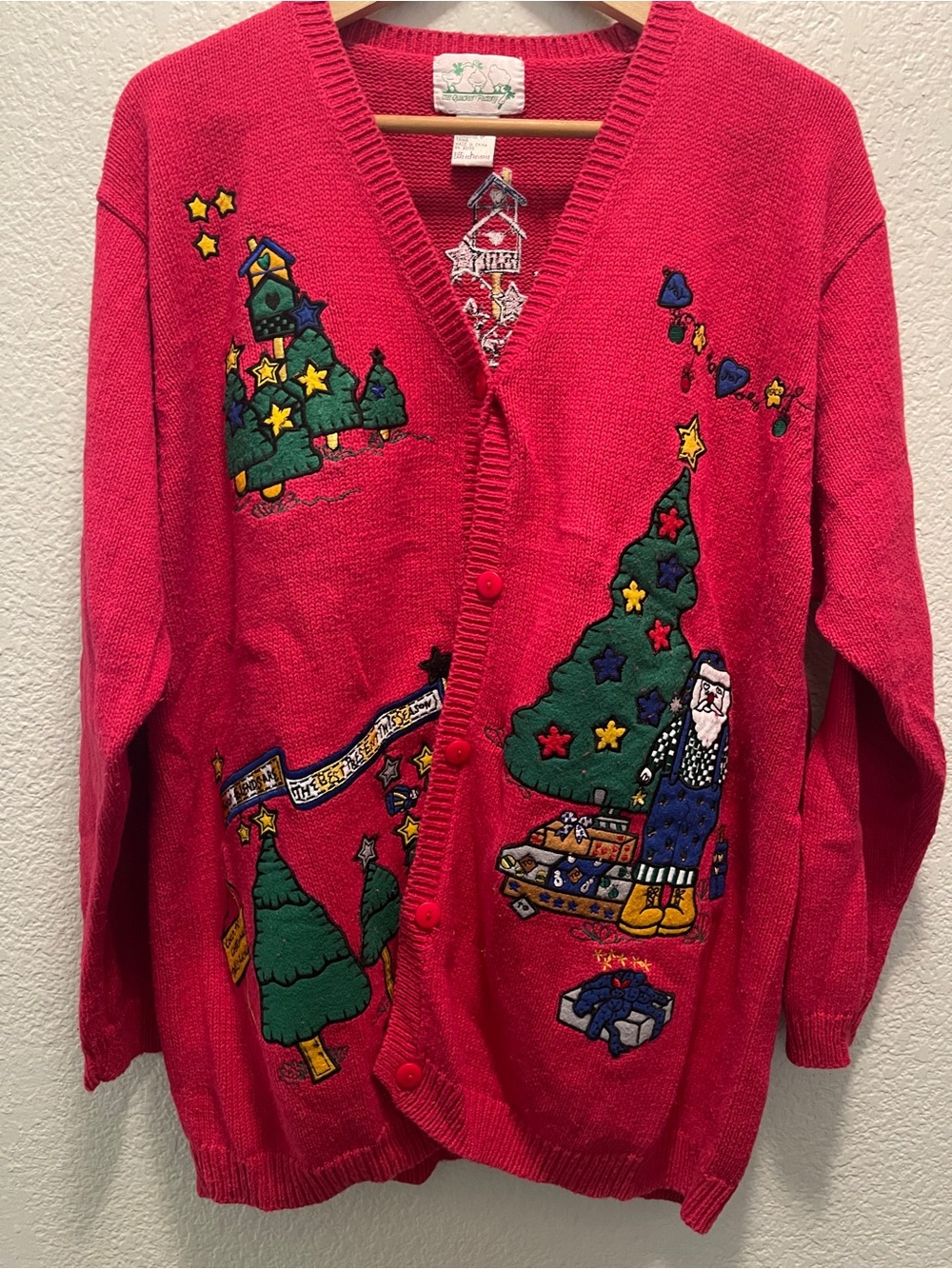 Bright Red Holiday Embroidered Cardigan Sweater